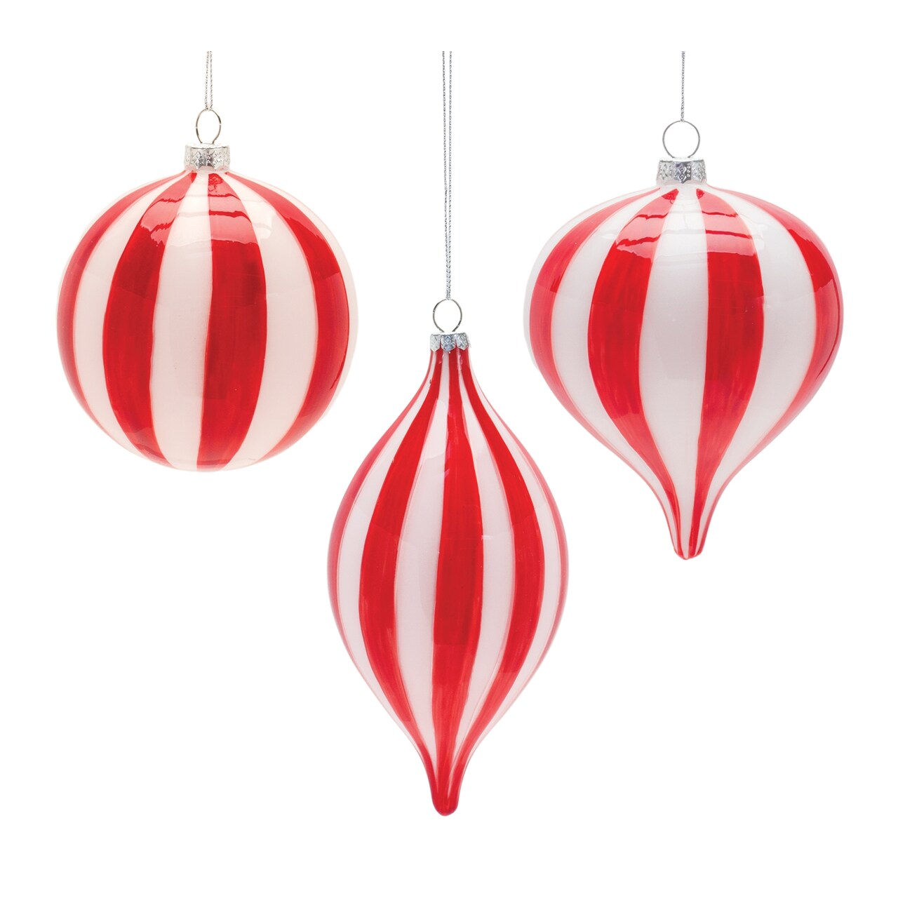 Melrose Shiny Finish Striped Glass Christmas Ornaments - 7" (180mm) - Red and White - 6ct